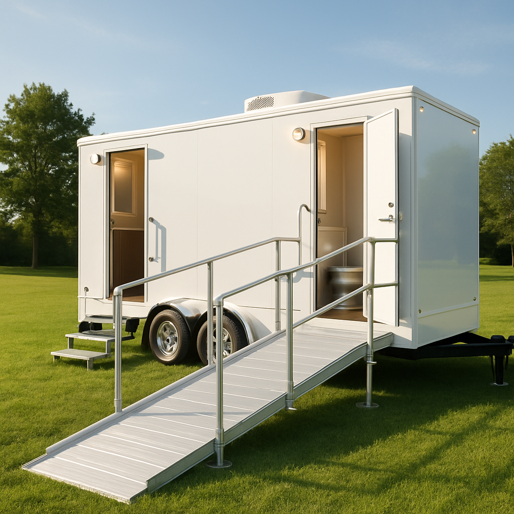 ADA restroom trailer with ramp for accessible events across Greensboro High Point and Winston-Salem